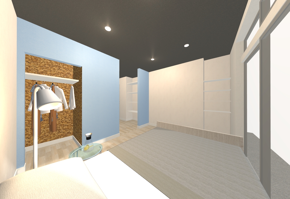 洋室もオープンクローゼットと可動棚がついており、デザイン性と機能性を兼ね備えた寝室に。