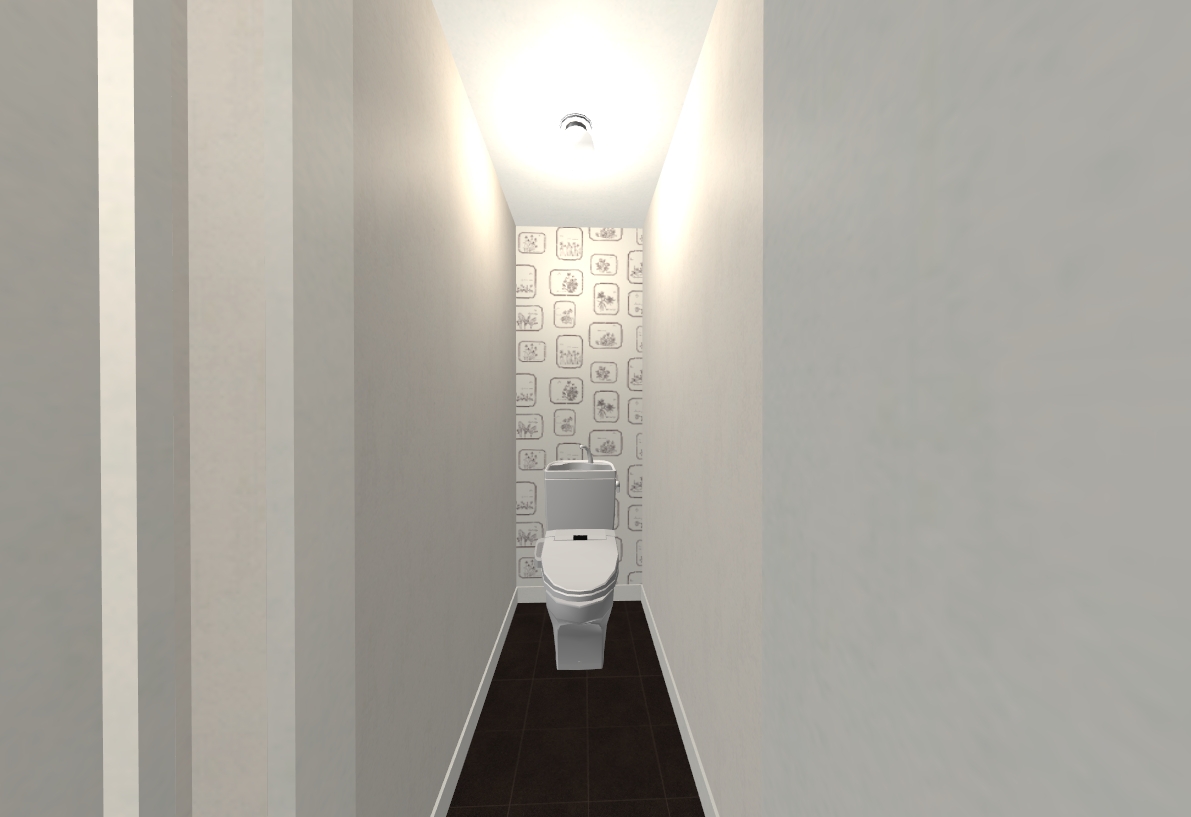 トイレはシックなボタニカルスタイルに。ボタニカルアートの壁紙が可愛いです。